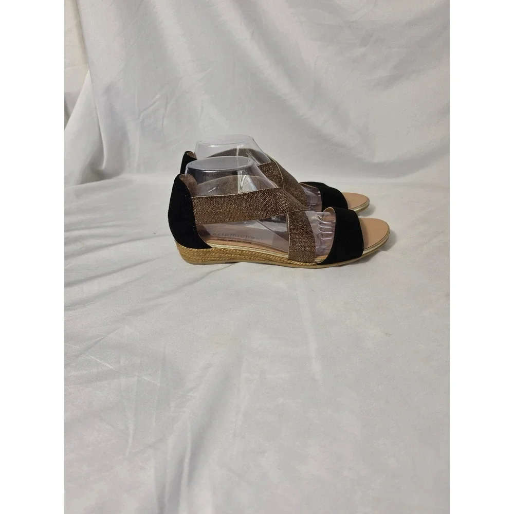 Eric Michael Spain Handmade BLK Suede Bronze Metallic Espadrille Wedge Sandal 9